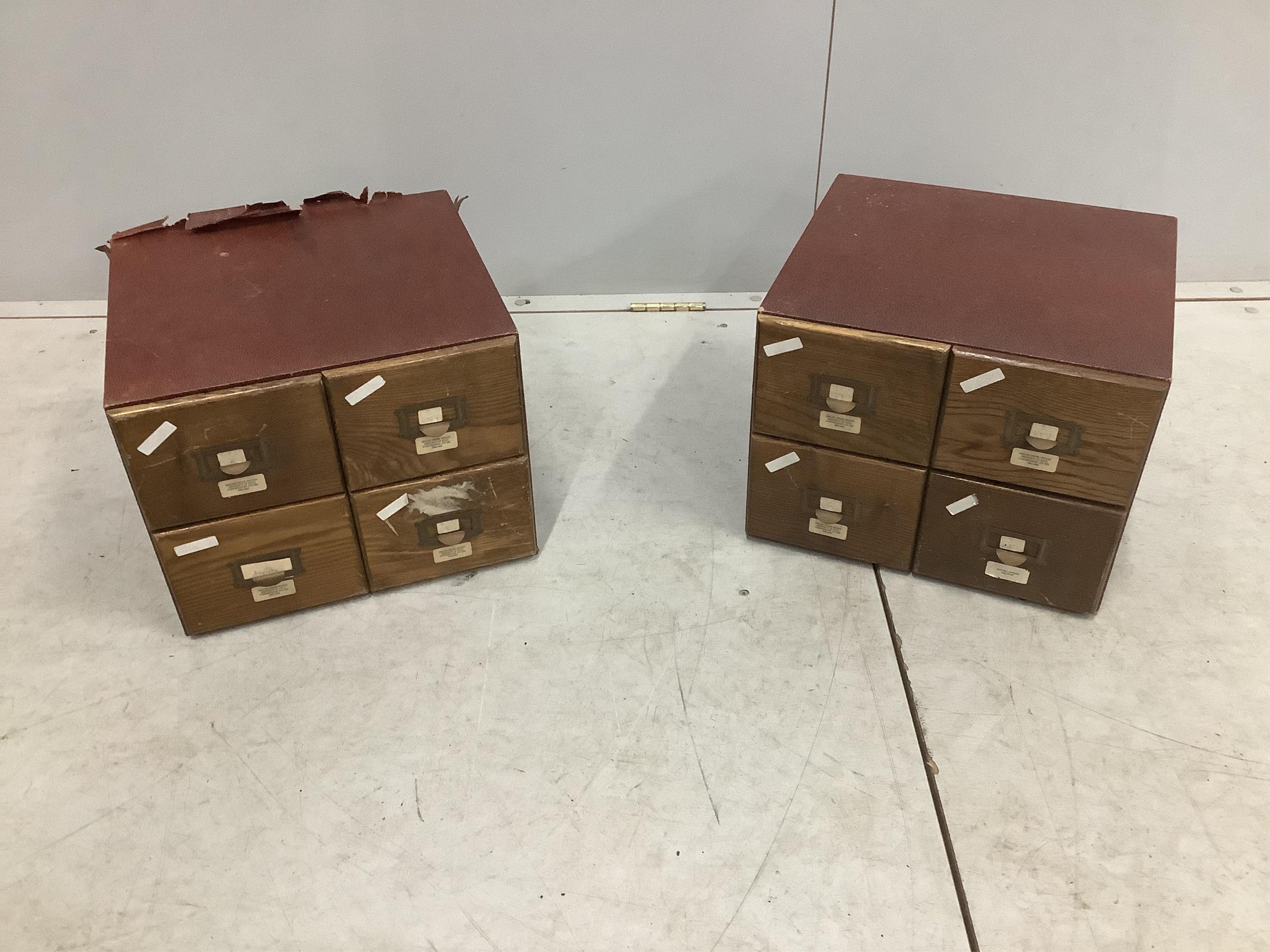 A pair of early 20th century small four drawer filing chests, width 36cm, depth 34cm, height 28cm. Condition - poor